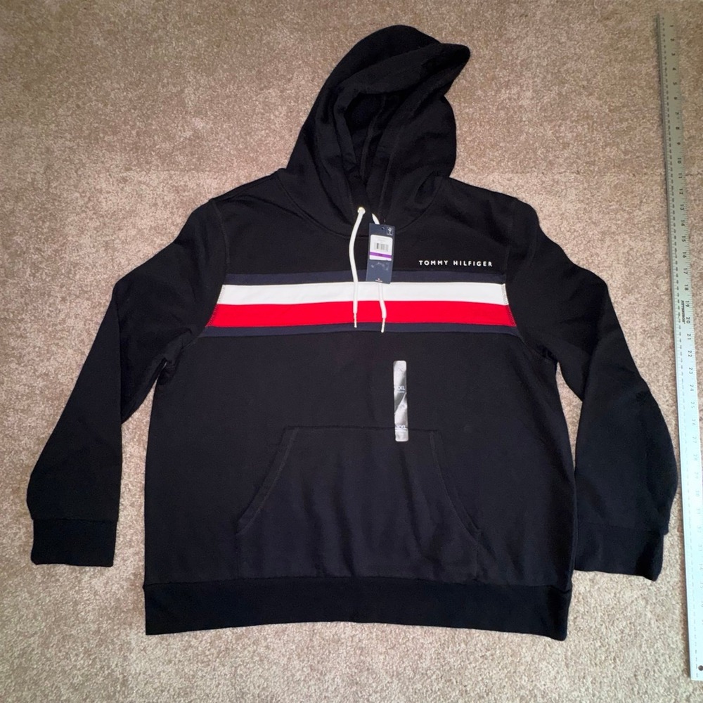 Tommy Hilfiger Men's Black Fleece Sweatshirt Hoodie - White & Red Stripe XXL NWT